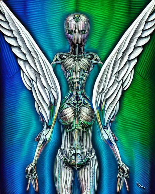 Image similar to biomechanical angel by HR Giger, chromatic aberration rainbow color scheme
