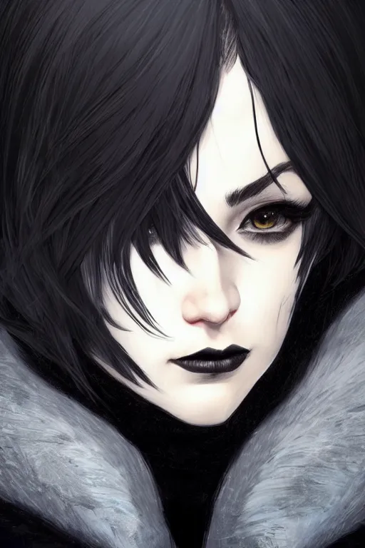 Image similar to grumpy dark haired women, ice mage, medium shot, by travis charest and ilya kuvshinov, black coat, black makeup, shooting ice, fantasy artwork, fantastic artwork, 4 k, trending on artstation