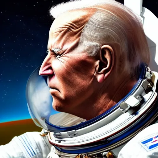 Image similar to A dramatic up close shot of Joe Biden staring into the camera as an astronaut, extremely detailed award winning photo, surreal