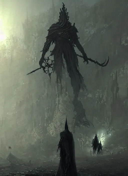 Image similar to folk horror illustration of the ashen one from dark souls 3, art by greg rutkowski, art by craig mullins, art by thomas kincade, art by Yoshitaka Amano