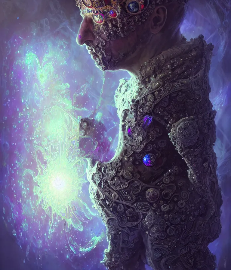 Image similar to front!!! shot of a court jester!!! character, mesmerizing fractal hypercubes, dark holography!!!, future, oil slick nebula, crystalline edges, (((intricate))), elegant, highly detailed, centered, (((artstation, concept art, smooth, sharp focus, artgerm, Tomasz Alen Kopera, Peter Mohrbacher, donato giancola, Joseph Christian Leyendecker, WLOP, Boris Vallejo))), ((raytracing)), mugshot!!!!!, ugly!!!!!!, octane render, nvidia raytracing demo, octane render, nvidia raytracing demo, octane render, nvidia raytracing demo, grainy, muted, 8K, digitalblasphemy, metatron