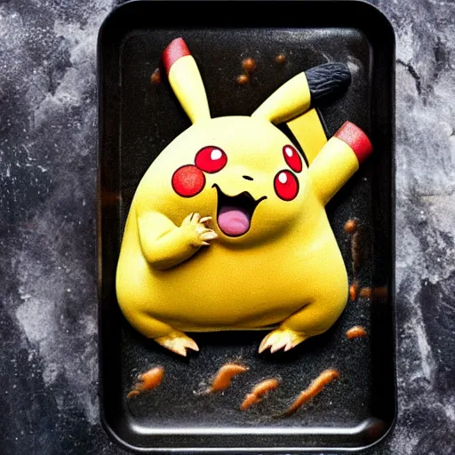 Image similar to roasted spatch pikachu in a baking tray with rosemary and thyme, cooking oil, steam, charred, ready to eat, electric sparks