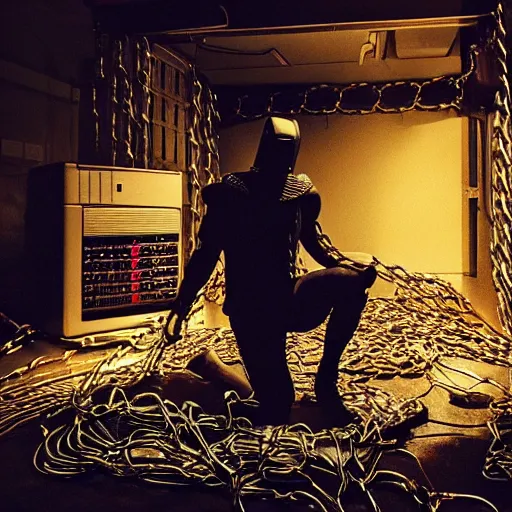 Image similar to “a photo of a kneeling knight wrapped in cables and chains in front of a glowing computer screen. The knight is in the center of a dark filthy dirty room filled with server racks and server cables hanging everywhere. The ground of the room is littered and covered with garbage and trash everywhere. It is dark and there are no lights. Cursed image. Nikon coolpix.”