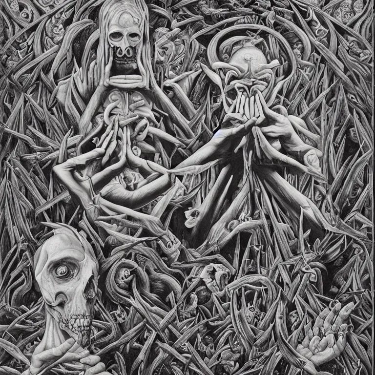 Image similar to meditation on death by Alex Grey and M. C. Escher collaboration