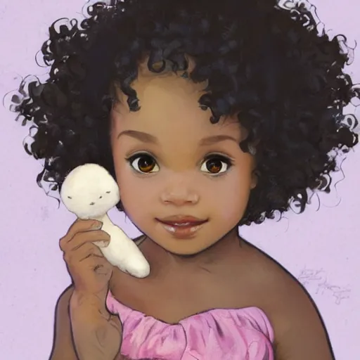 Prompt: a beautiful [[[smiling]]] little black toddler girl with short curly hair, at the park on a beautiful day, holding a round pink stuffed animal, by Artgerm, Mucha Klimt, Hiroshi Yoshida and Craig Mullins, featured on Artstation, CGSociety, Behance HD, Deviantart