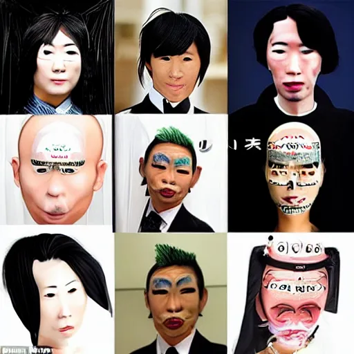 Image similar to a flamboyant japanese man that has had lots of plastic surgery, wears lots of makeup and has smooth skin wearing a wedding dress