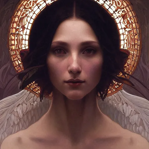 Image similar to portrait of the angel of death, intricate, elegant, highly detailed, digital painting, artstation, concept art, smooth, sharp focus, illustration, art by artgerm and greg rutkowski and alphonse mucha and william - adolphe bouguereau