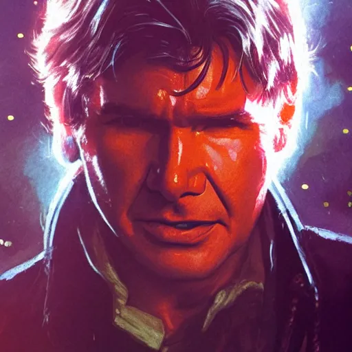 Image similar to harrison ford as han solo, colorful, contrast, 3 d scene, greg rutkowski, zabrocki, karlkka, jayison devadas, trending on artstation, 8 k, ultra wide angle, zenith view, pincushion lens effect