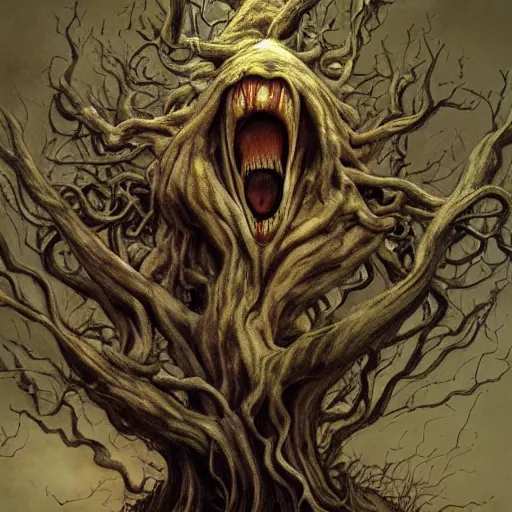 Prompt: a dramatic twisted screaming tree with the face of a human, haunting art, brian froud style, 8 k, trending on artstation