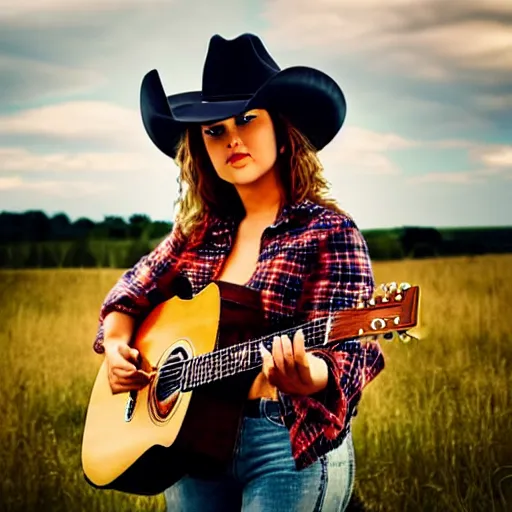 Image similar to a female fluffy fox animal, wearing cowboy hat, wearing plaid shirt, playing guitar, in a field, barn in background, album cover style