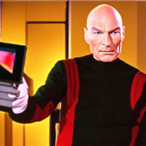 Image similar to captain picard playing on his nintendo switch on the borg cube