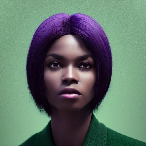 Image similar to black woman with grey bob hairstyle, purple eyes, wearing dark green bomber jacket, realistic 4 k octane beautifully detailed render, 4 k post - processing, highly detailed, intricate complexity, epic composition, magical atmosphere, cinematic lighting, masterpiece, ultra hd