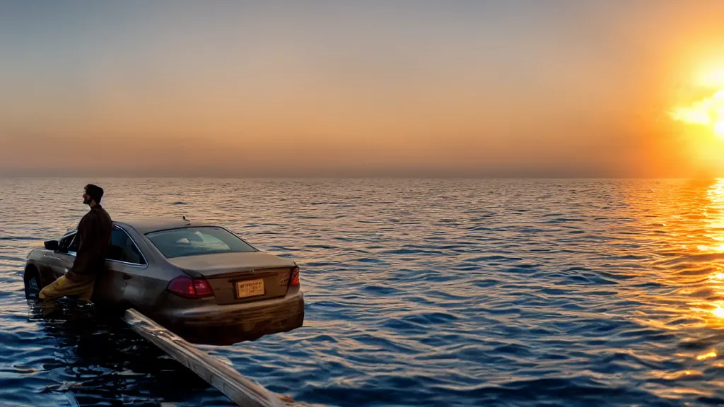Prompt: a movie still of a man sitting on the roof of a car floating in the ocean at sunset, golden hour