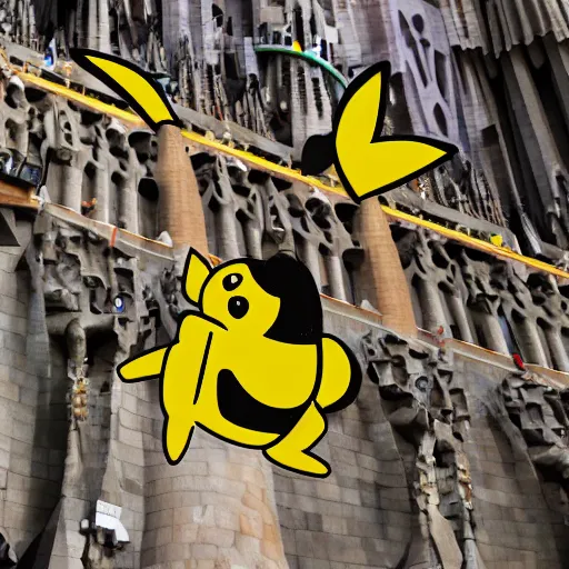 Prompt: picachu firing an impact thunderbolt at the sagrada familia