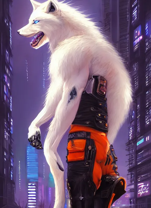 Image similar to award winning beautiful portrait commission of a male furry anthro albino wolf fursona with a tail and a cute beautiful attractive detailed furry face wearing stylish black and orange cyberpunk biker clothes in a cyberpunk city at night while it rains. Character design by charlie bowater, ross tran, artgerm, and makoto shinkai, detailed, inked, western comic book art