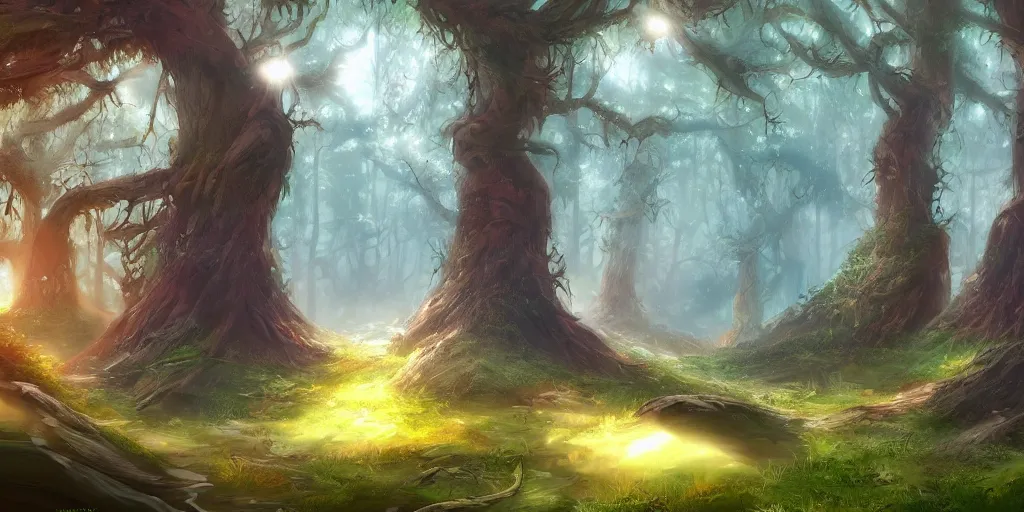 Prompt: digital painting of a fantasy forest, artstation, wallpaper, hd