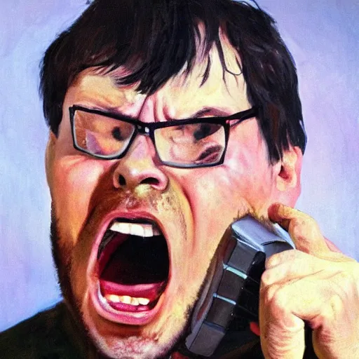 Image similar to an angry man screams at his computer monitor, oil on canvas, 1 9 6 7, highly detailed