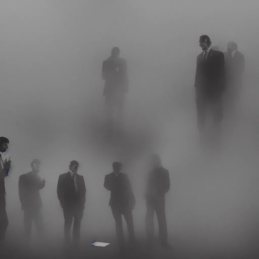Prompt: In a foggy office,a group of men in gray suits look at stones, rocks, colored peebles and dried plants purple smoke in the style of Michael Mann, hyperrealistic, f1.8