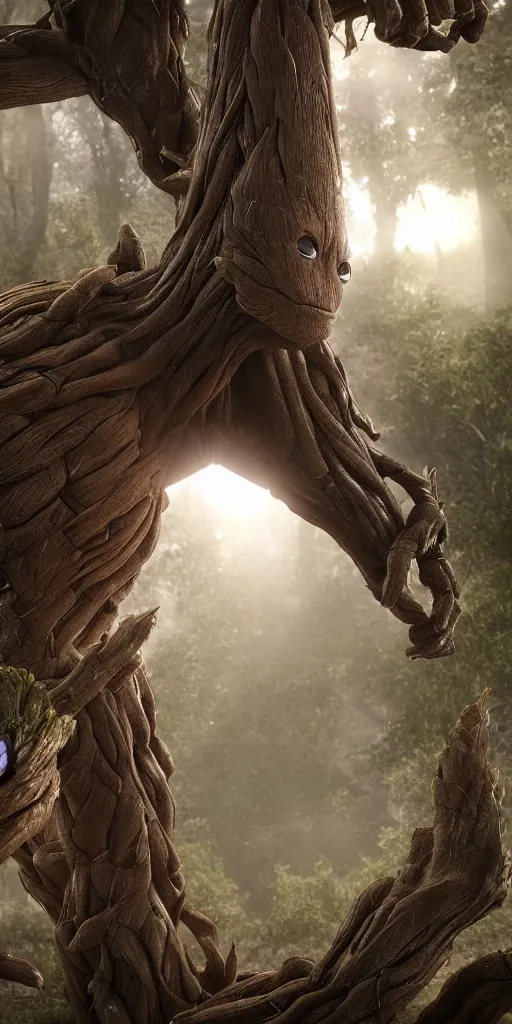 Prompt: photorealistic wide shot of Groot inspired by Giger, octane render, unreal engine 4k, volumetric light, fog, detailed