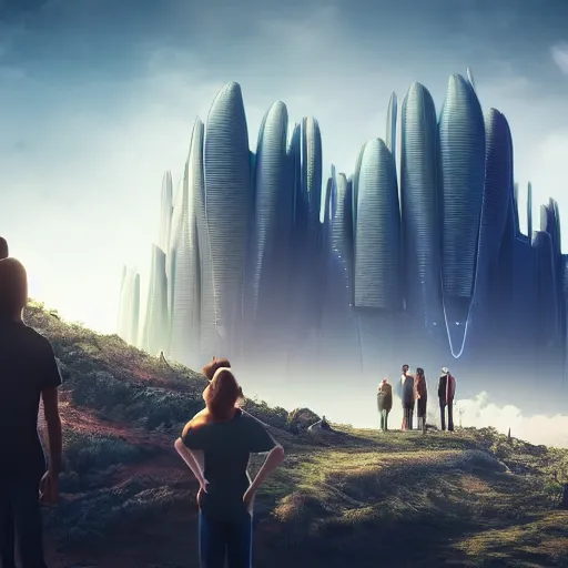 Image similar to “family standing on the hill looking at the futuristic city in the valley, a lot of future technologies, cinematic view, dramatic buildings, epic composition, octane render, unreal engine, 4k”