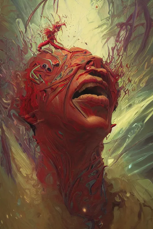 Prompt: Spirit of rage, face distorted by anger, red, disco elysium, highly detailed, digital painting, artstation, concept art, smooth, sharp focus, illustration, art by artgerm and greg rutkowski and alphonse mucha and Wayne Barlowe and Zdislav Beksinski and Francis Bacon