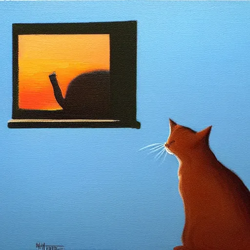 Prompt: cat smoking a cigarette by a window, dramatic sunset lighting, oil painting, award winning