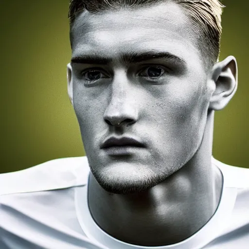 Image similar to a realistic detailed photo of a guy who is an attractive humanoid who is half robot and half humanoid, who is a male android, soccer player matthijs de ligt, shiny skin, posing like a statue, blank stare, by the pool, on display