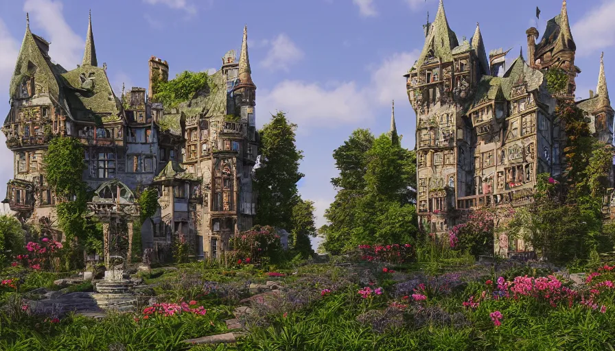 Prompt: Neo-Gothic castle built in the heart of the green mountains with a flower garden surrounding the castle and a fountain in the yard, hyperdetailed, artstation, cgsociety, 8k
