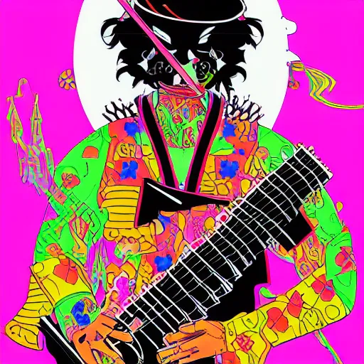 Prompt: samurai guitarist by Josan Gonzalez. Vibrant colors