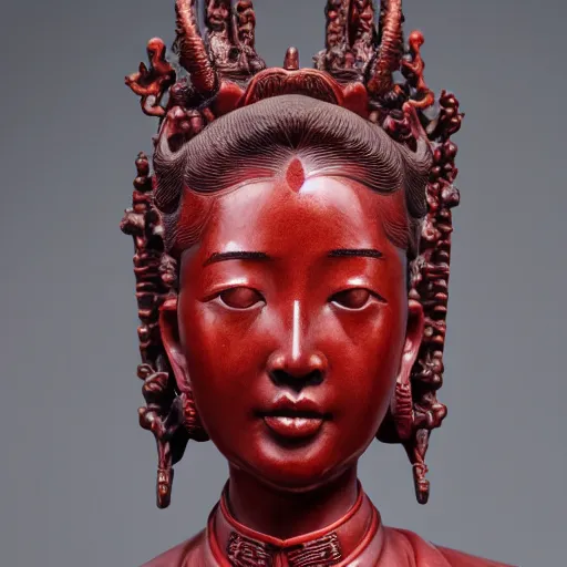 Image similar to museum angeline joile portrait statue monument made from chinese porcelain brush face hand painted with iron red dragons full - length very very detailed symmetrical well proportioned