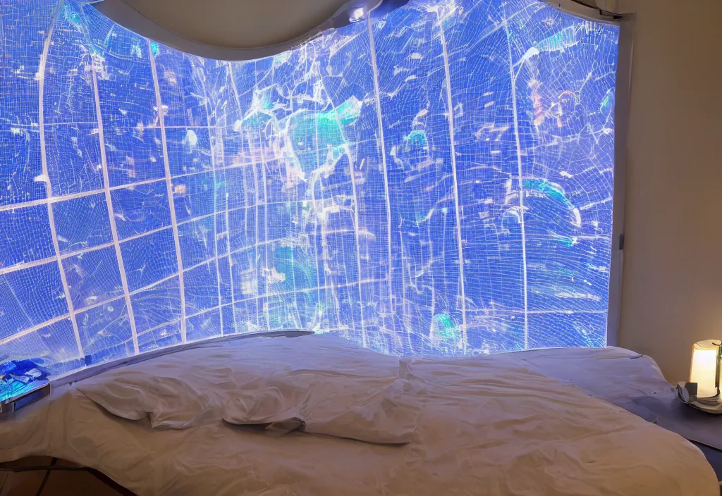 Image similar to curved translucent windows projecting florida holographic weathermap, pixel perfect photograph, thin glowing lights, bedroom, visor, users, pair of keycards on table