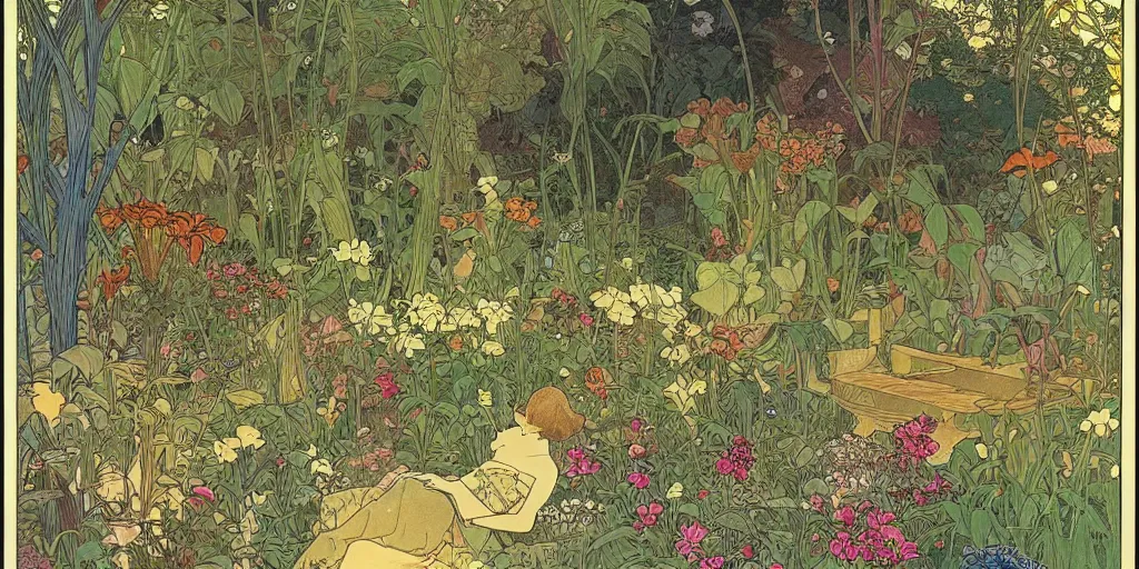 Prompt: an illustration of a beautiful garden, isometric view, painted by moebius and james jean and alphonse mucha
