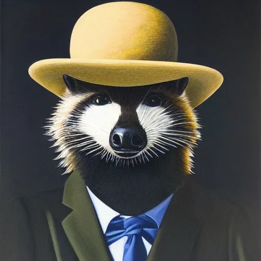 Image similar to a magritte painting masterpiece exposed in Paris : a racoon with a hat , This 4K HD image is Trending on Artstation, featured on Behance, well-rendered, extra crisp