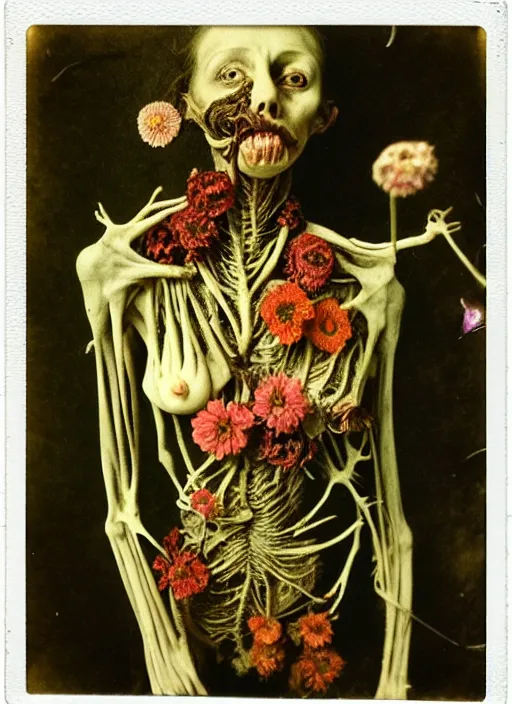 Prompt: beautiful and detailed rotten woman made of plants and many different types of flowers, muscles, intricate, organs, ornate, surreal, miguel angel, gustave courbet, caravaggio, romero ressendi, van gogh, 1 9 1 0 polaroid photo