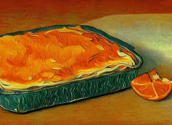 Image similar to detailed realistic realism painting of lasagna that looks like an orange tabby cat, at dusk, in the style of vincent van gogh and salvador dali and leonardo da vinci