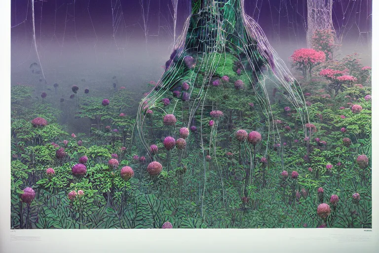 Prompt: lots of glass monoliths, a lot of exotic vegetation, trees, flowers, tall grass, pastel dull colors, gigantic huge monster creature covered with flowers, staying in the foggy huge dark night forest covered with web and cotton and a lot of glow - worms, by moebius, hyperrealism, intricate detailed, risograph