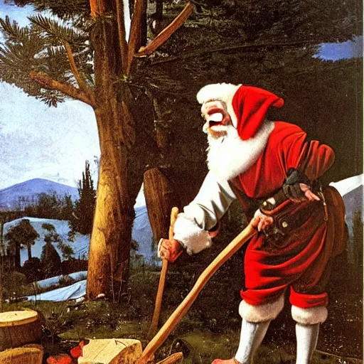 Prompt: Father Christmas cutting down a pine tree with an axe. Painted by Caravaggio