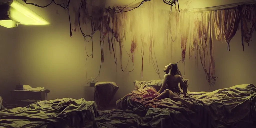 Prompt: rgb, glowing, extreme rage, maximalist bedroom, woman, cinematic, movie scene, inspired by zdzislaw beksinski, clothes made out of veins,, cables everywhere, bedroom, ultra realistic, concept art, intricate details, highly detailed, photorealistic, octane render, 8 k