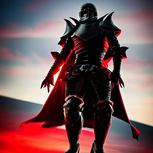 Image similar to the knight of death and destruction in black armor glowing red with a black cape billowing in the wind, golden hour, caustics, shallow depth of field, moody lighting, 8 k, concept art,