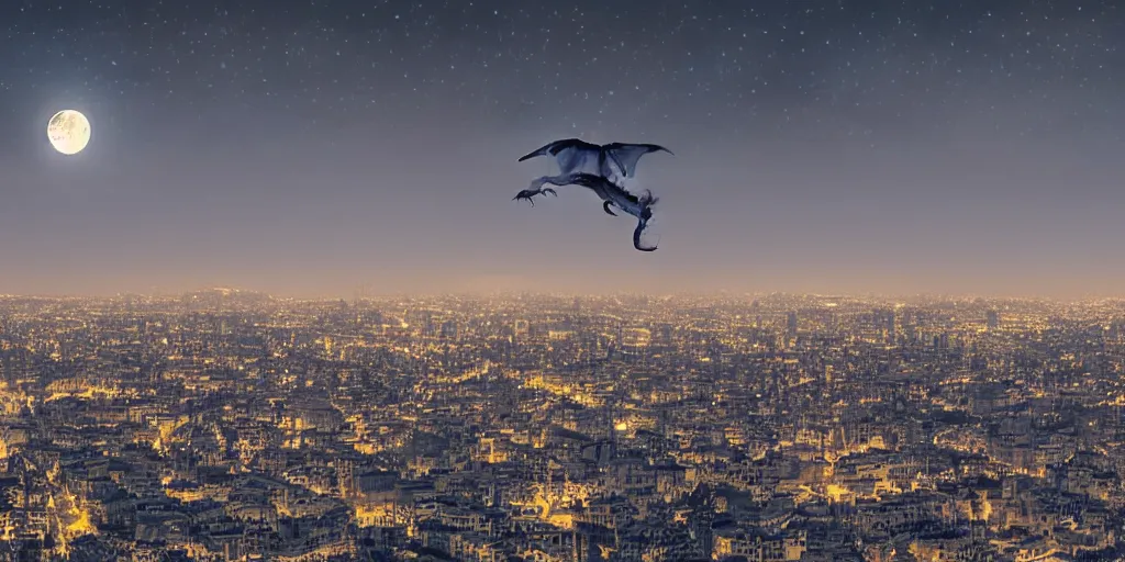 Prompt: a big dragon flying in tehran skyline in a winter night, a full moon in the sky,, concept art dramatic lighting, ultra hd,