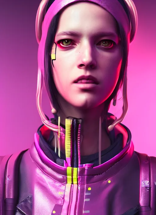 Prompt: cyberpunk photorealistic character, tech wear outfit, pink and yellow, edgy, awe inspiring, artstation hd, 8 k, detailed, intricate, ornate, studio lights, golden ratio, masterpiece