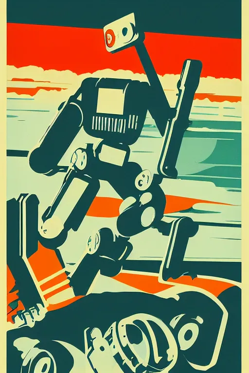 Image similar to sovietwave propaganda poster about the dangers of robots, minimalist, silkscreen, graphic design, russian text