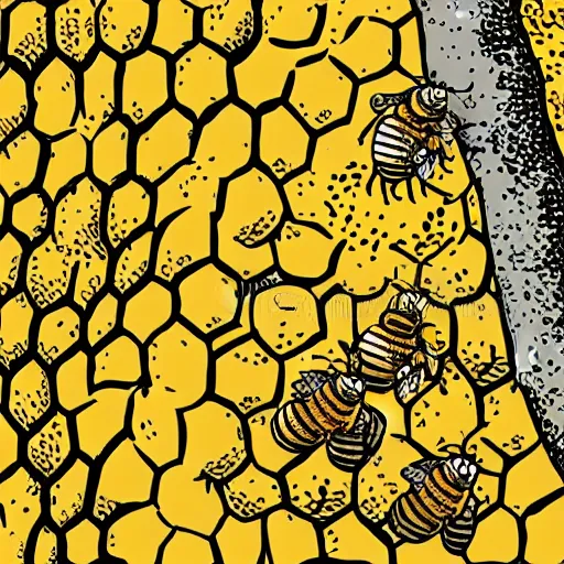Prompt: vector illustration of a beehive hanging from a tree, with little bees coming out of it, 4 k, sharp details