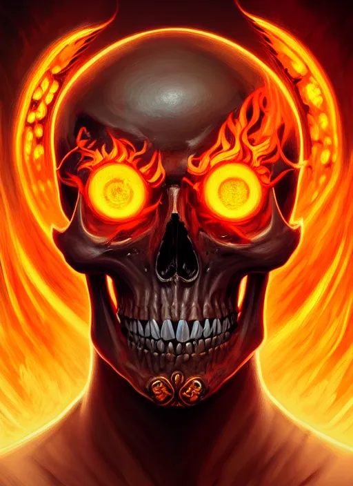 Image similar to symmetry!! portrait of skull with flaming eyes, high fantasy, intricate, elegant, highly detailed, digital painting, artstation, concept art, smooth, sharp focus, illustration, art by artgerm and greg rutkowski and alphonse mucha, 8 k