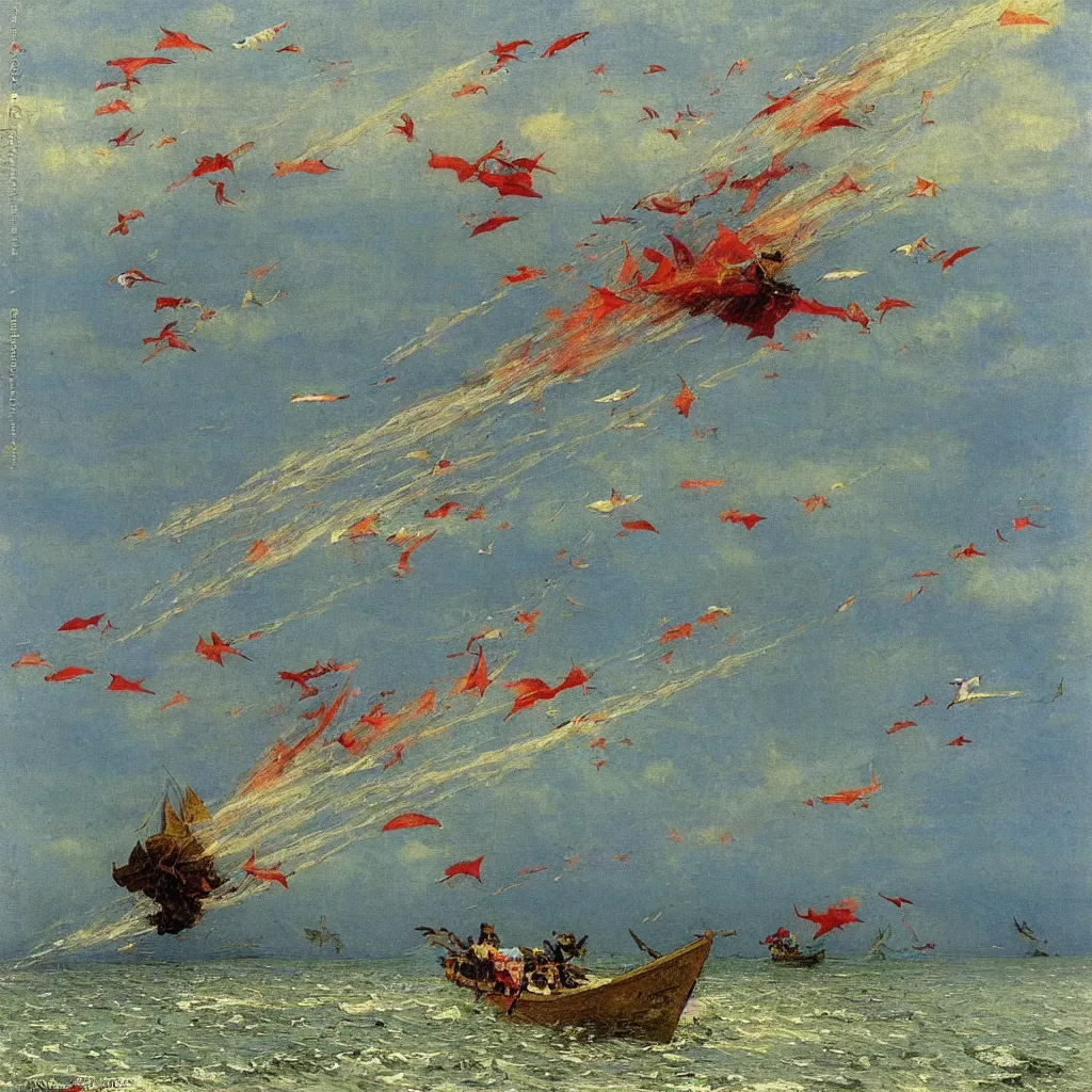 Prompt: zepplins shaped like fish being launched off the shore, 1905, highly detailed colourful oil on canvas, by Ilya Repin