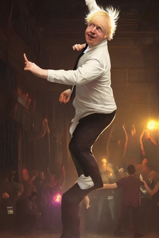 Prompt: boris johnson dancing in a nightclub, anatomy, bathed in light, highly detailed, photorealistic, artstation, smooth, sharp focus, illustration, unreal engine 5, 8 k, art by artgerm and greg rutkowski and edgar maxence