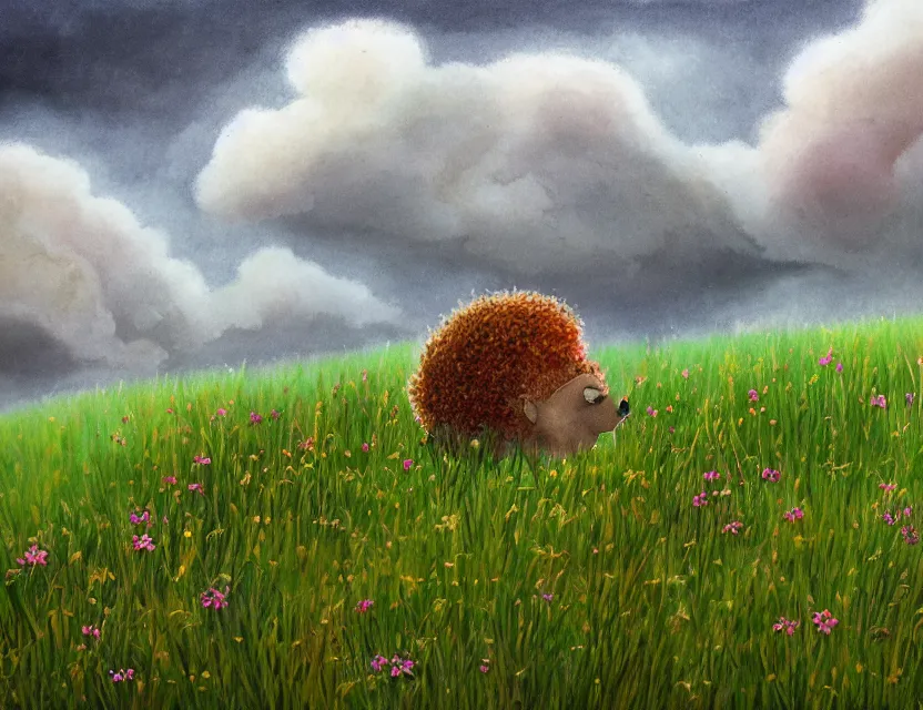 Prompt: feral chia pet in the meadow, stormy skies. russian fairytale art, gouache, dynamic composition, backlighting