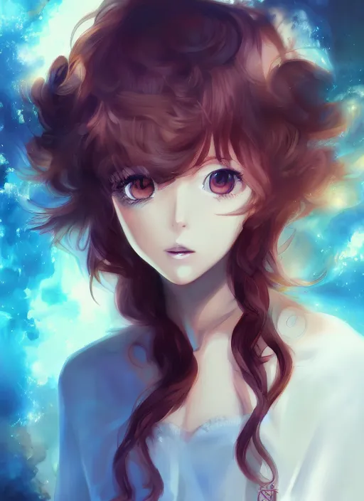 Image similar to portrait of a beautiful anime girl with curly brown hair listening to music, digital painting, trending on artstation, deviantart, artgem, perfect composition, ross draws, wlop