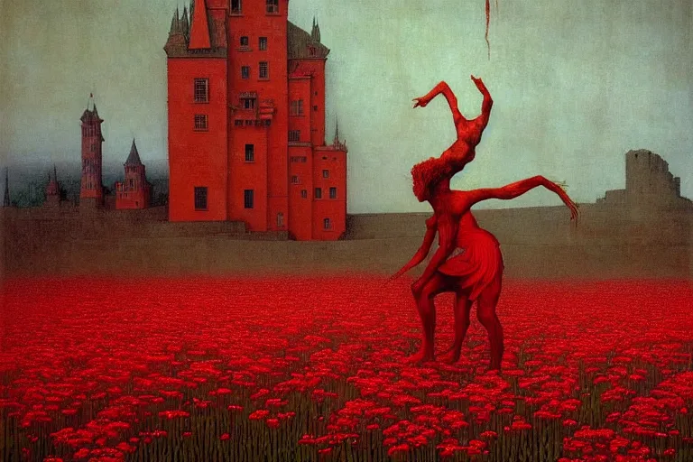 Image similar to only with red, red flowers of different types, a red tiger, a castle in the background, medieval demons dance over the flowers, an ancient path, in the style of beksinski, part by hopper, part by rodcenko, part by hofbauer, intricate composition, red by caravaggio, insanely quality, highly detailed, masterpiece, red light, artstation