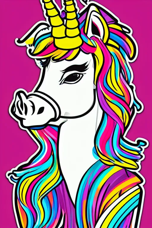 Prompt: A portrait of a gangster unicorn, sticker, highly detailed, colorful, illustration, smooth and clean vector curves, no jagged lines, vector art, smooth